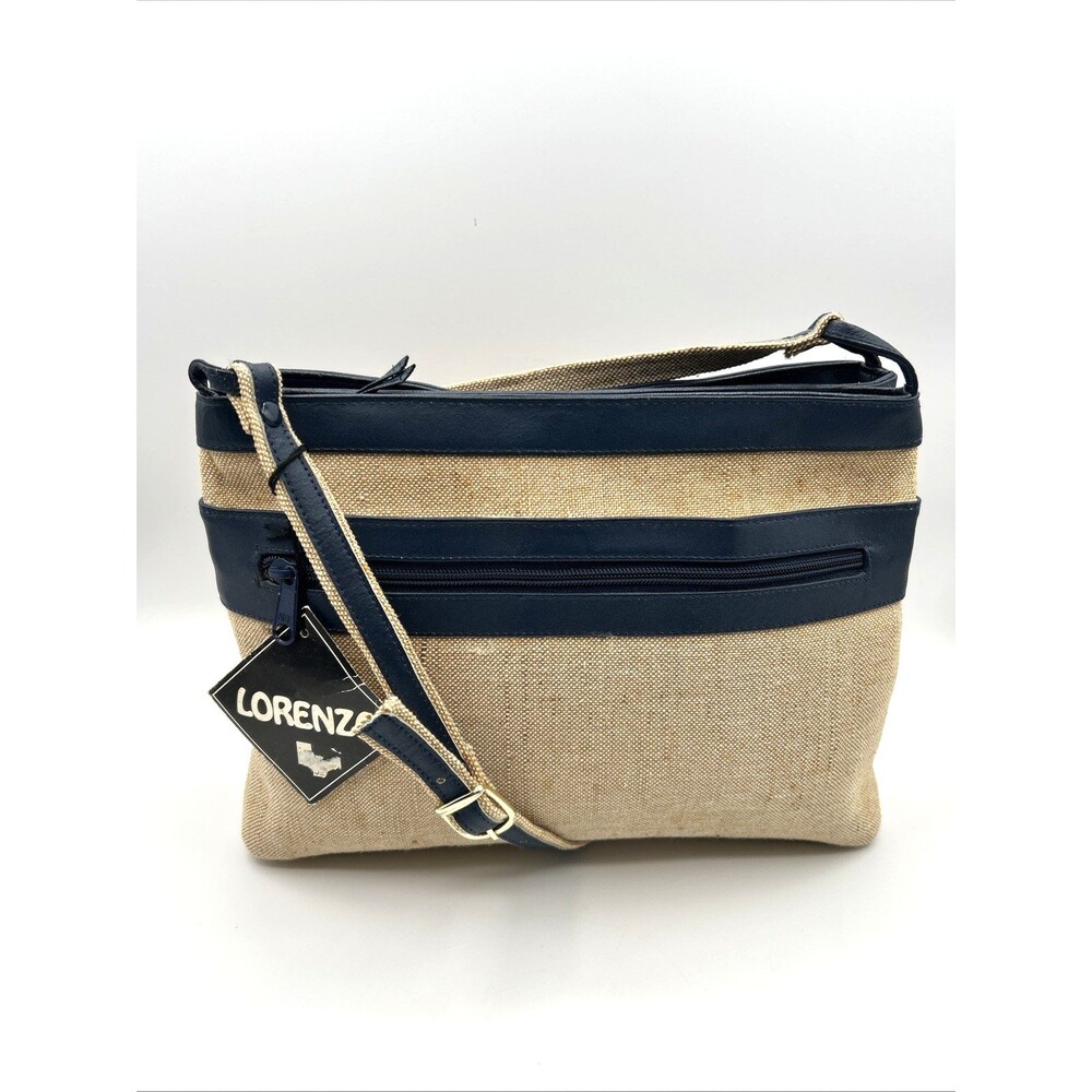 VTG Lorenzo Jute Burlap Crossbody Purse Navy Blue Leather Trim 90s Deadstock NWT